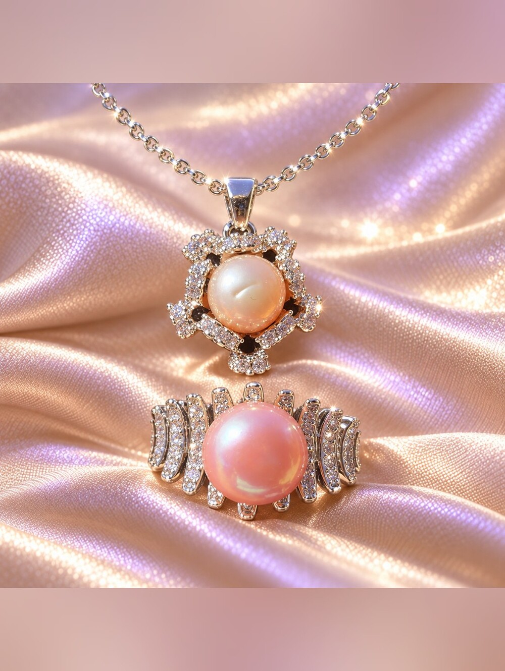 925 Sterling Silver Chain With Pink Pearl Pendant and Ring Set (Both Adjustable)